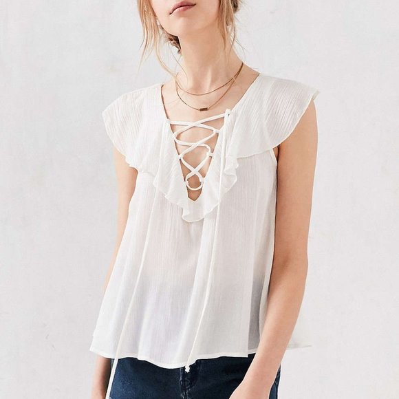 URBAN OUTFITTERS KIMCHI BLUE LACE UP BLACK BLOUSE - Picture 1 of 10